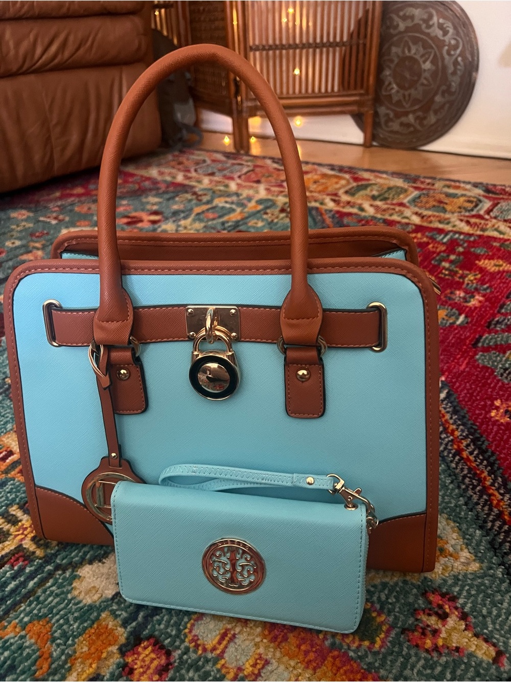 DASEIN Light Blue & Cognac Structured Satchel Handbag + Matching Wallet
